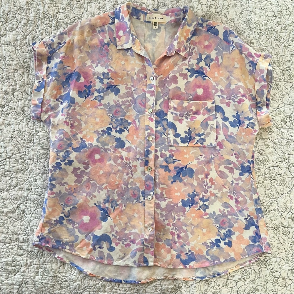 Anthropologie cloth & stone Pastel Floral Button-Front Surf Shirt Linen Blend